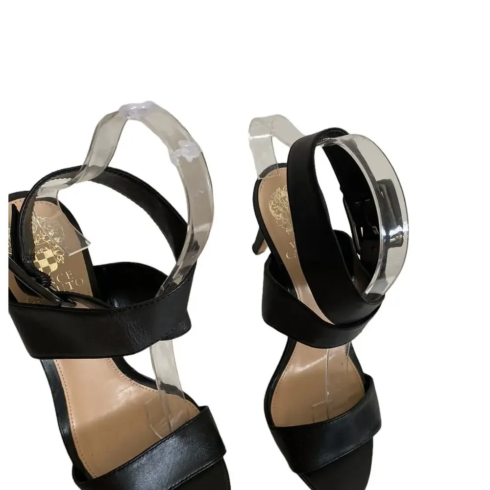 vince camuto Black Leather Wrap Around Casara Sandal heels Size 7.5 37.5